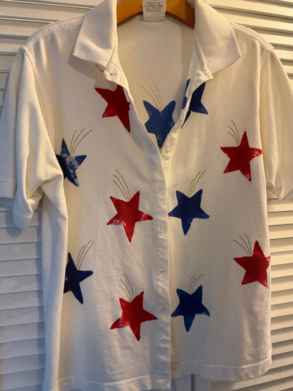 White Star Print Button Up Shirt Vintage Cotton Made in USA Size L